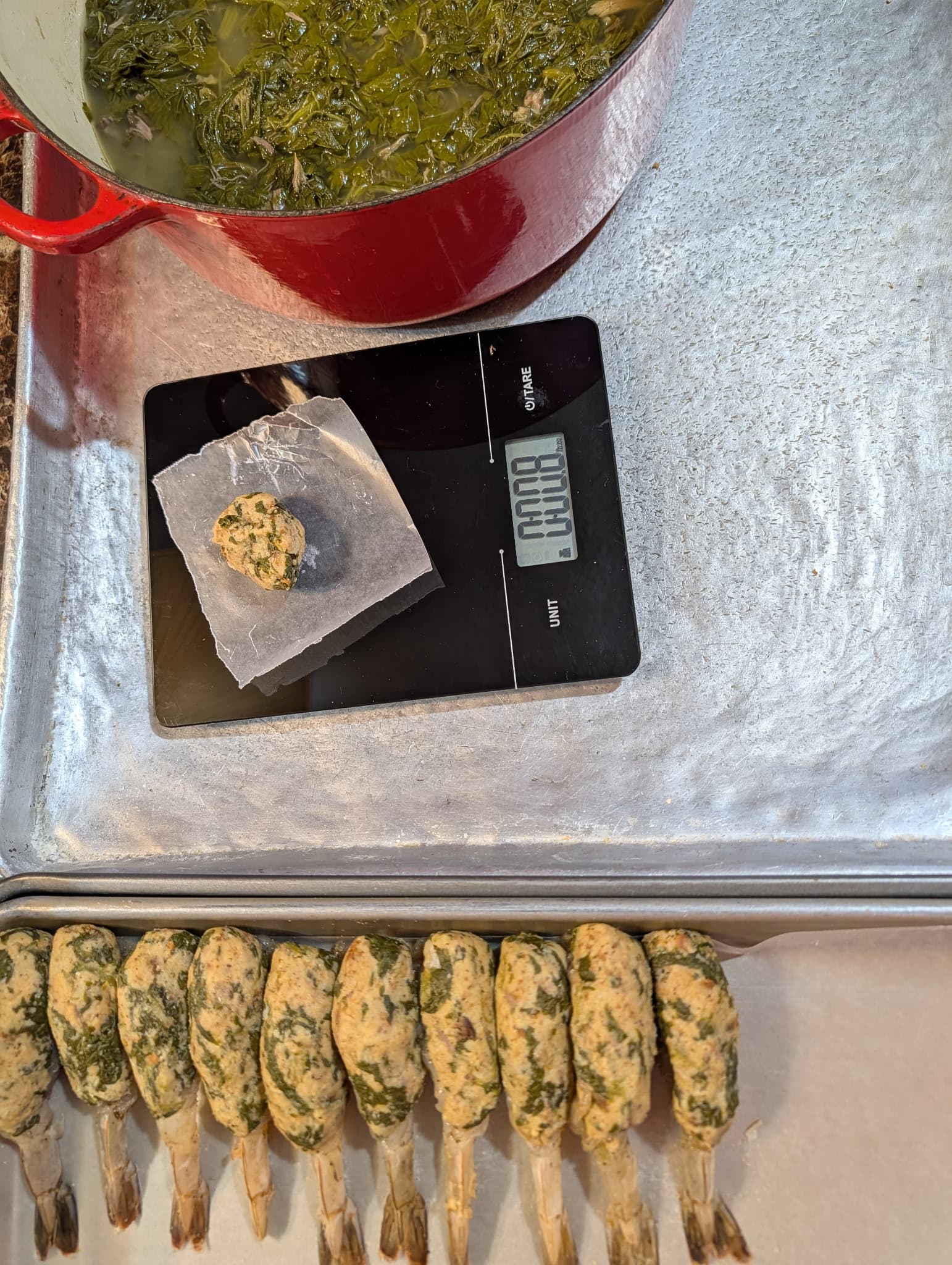 Stuffed shrimp prep with fresh greens